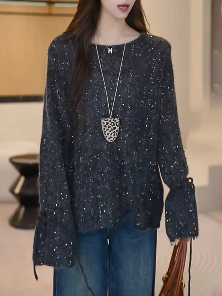 

Трикотажный свитер-топ для женщин больших размеров, осенняя новинка 2025 года, элегантный, с блестками, из плотного трикотажа