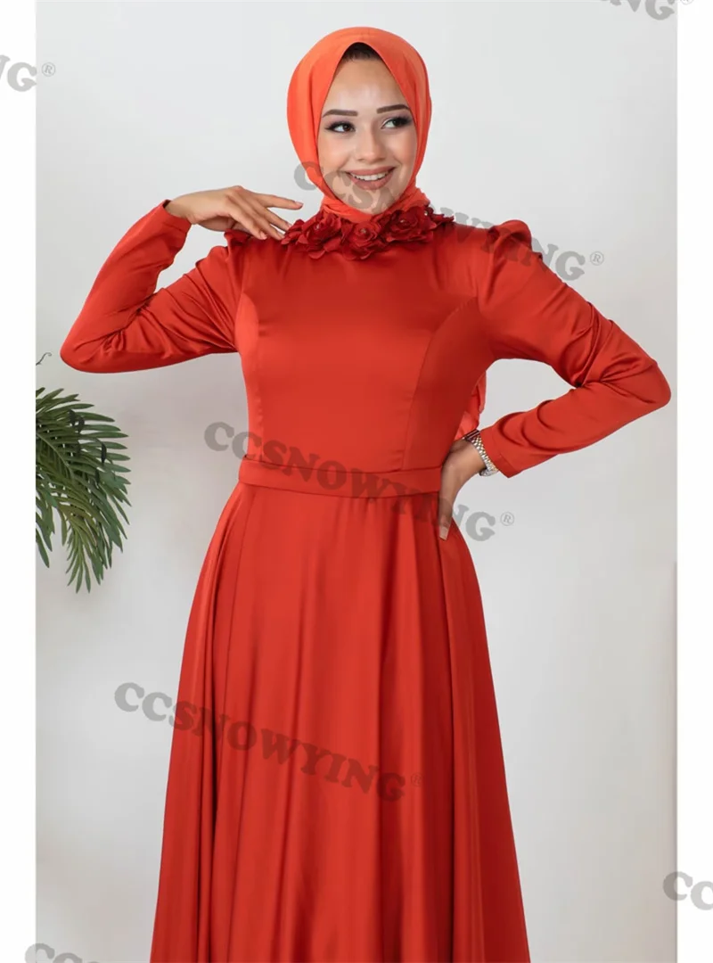 Red Satin Appliques Muslim Evening Dress Long Sleeve A Line Islamic Formal Party Gowns Arabic Dubai Women Robe De Soirée