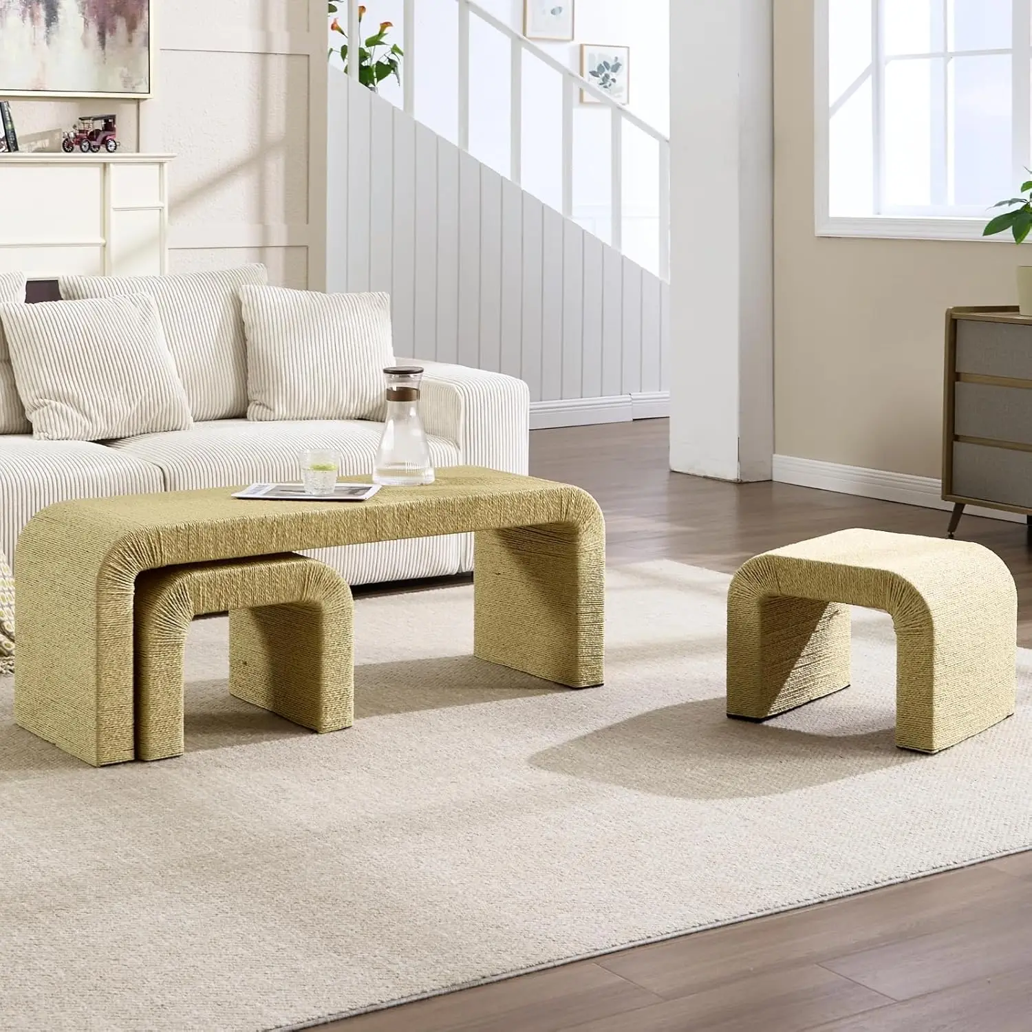 

3pc Nesting Rope Coffee Table Set 47" Boho Waterfall Stools Under Modern Coastal Center Tea Table Natural, Customized