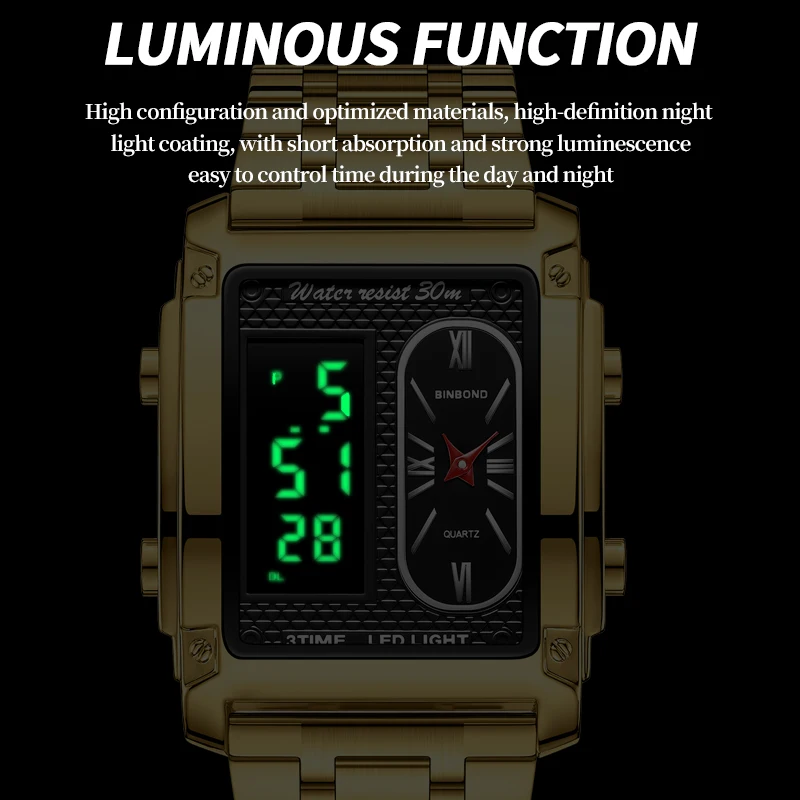 BINBOND Top Brand Luxury Watches for Men Fashion Quartz Wristwatch Square Gold Stainless Steel Business Clock Relogio Masculino