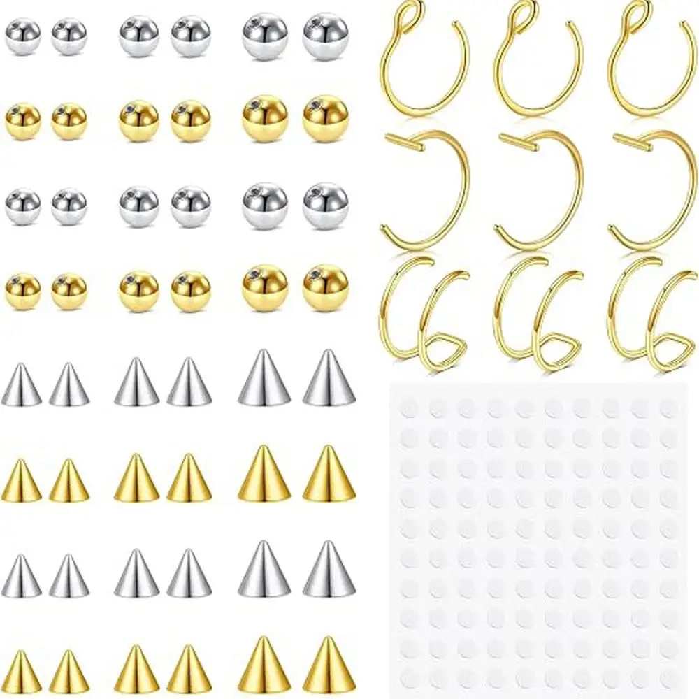 107pcs Set Fake Eyebrow Ring Fake Lip Labret Studs Replacement Balls Spike with Sticker Non Piercing Body Jewelry Fake Piercing