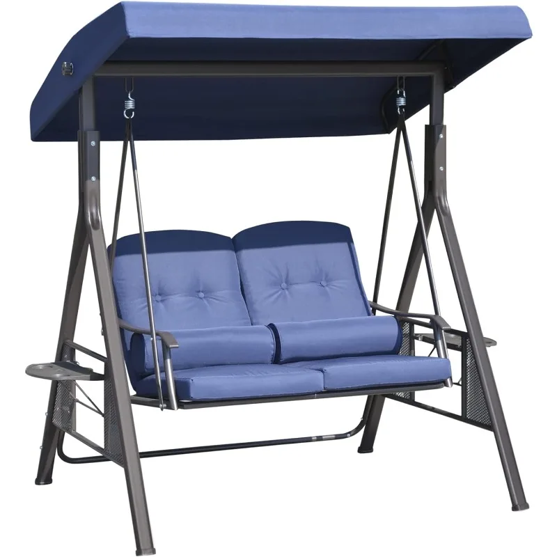 

2-Person Patio Swing Bench with Adjustable Shade Canopy, Soft Cushions, Throw Pillows and Tray, Dark Blue