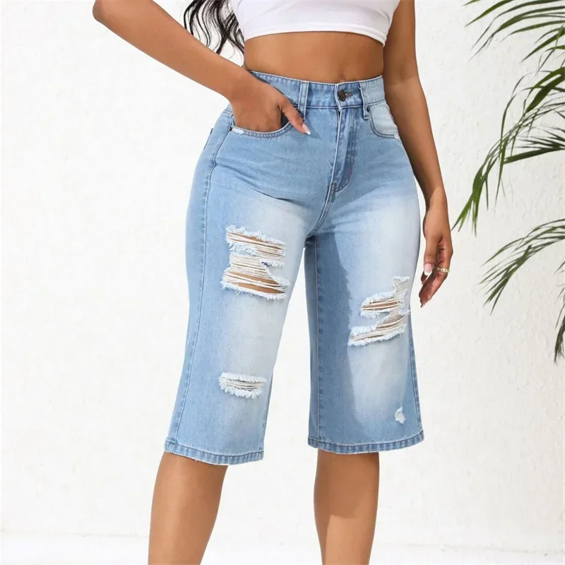 Fashion Broken Holes Seven-quarter Length Trousers Women Mid-length Jeans Comfortable Casual Commuter Female Short Denim Pants 4