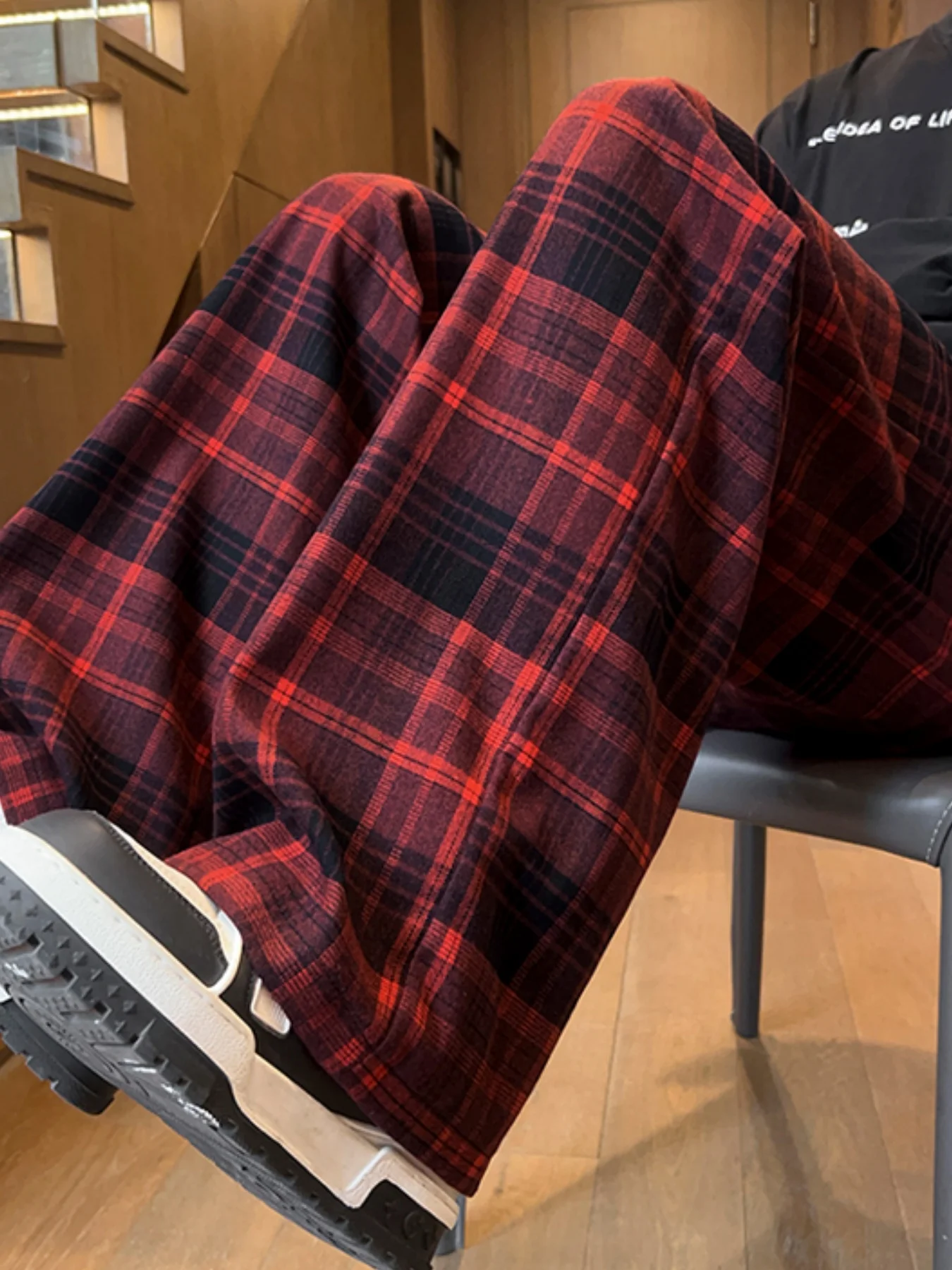 Lazy Design Koreaanse stijl herfst en winter nieuwe fleece gevoerde dikke geruite broek voor dames, losse casual veelzijdige afslankende warme fleece gevoerde wijde broek met hoge taille voor dames