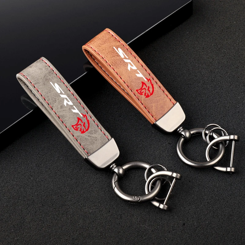 High-Grade Leather Car KeyChain 360 Degree Rotating Horseshoe Key Rings For Dodge Challenger SRT Car KeyChain Car Accessories