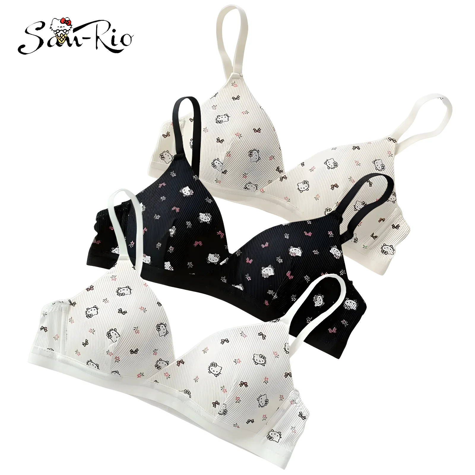 Hello Kitty Women's Wire-Free Bra Sexy No Wire Push Up Underwear Girls Breathable Cute Cartoon Female's Bra Breathable Gathered