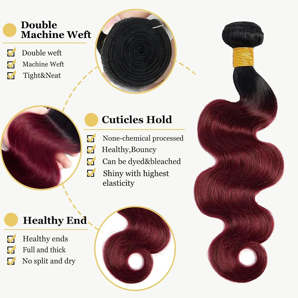 12A เกรด T1B99j Body Wave Human Hair Bundles 100 กรัม/ชิ้น Double Weft Hair Extensions บราซิล Virgin Hair full End