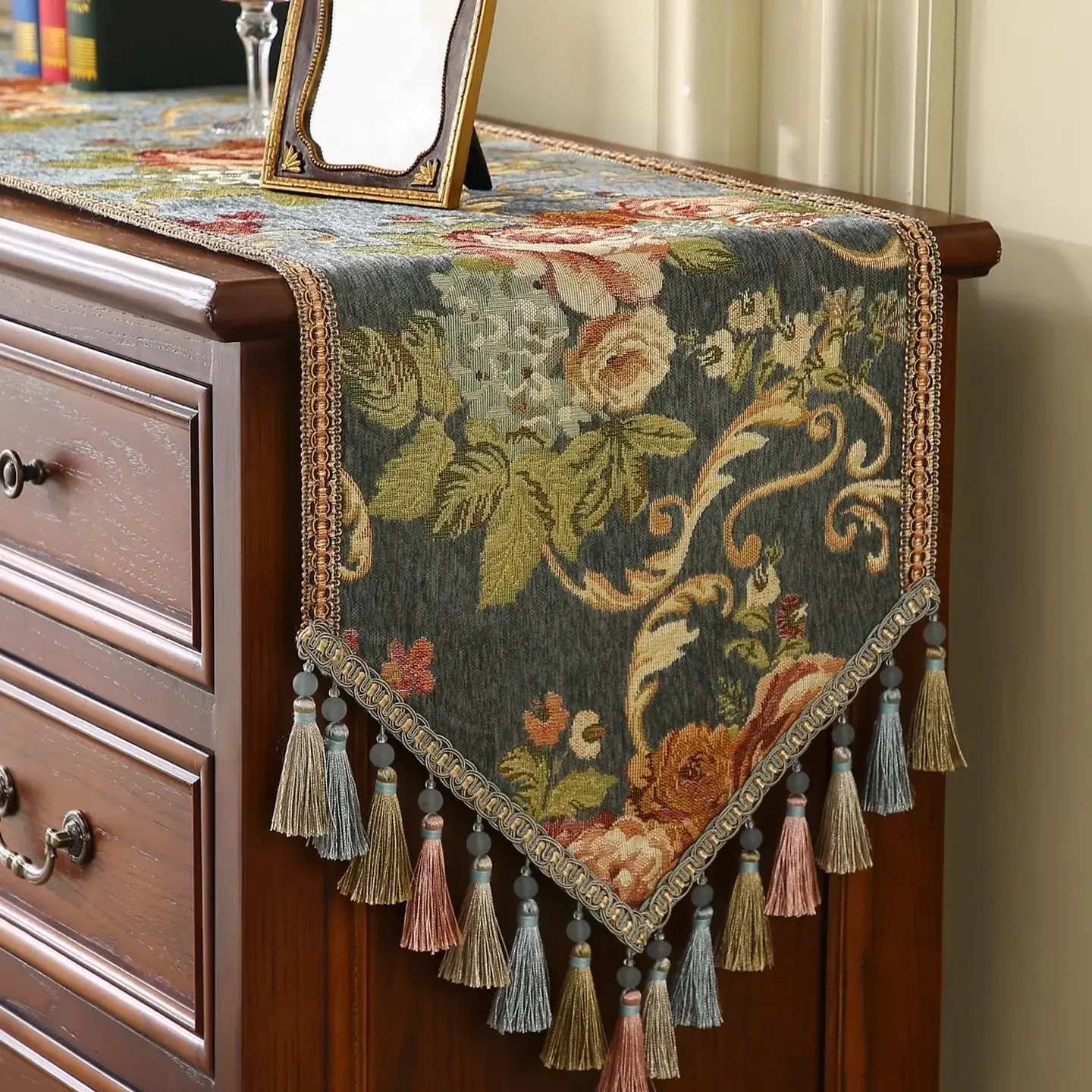 Retro Style Rectangular Hanging Ear Platform Flag Soft Fabric Multi-color Tablecloth Plant Jacquard Craft Table Mat