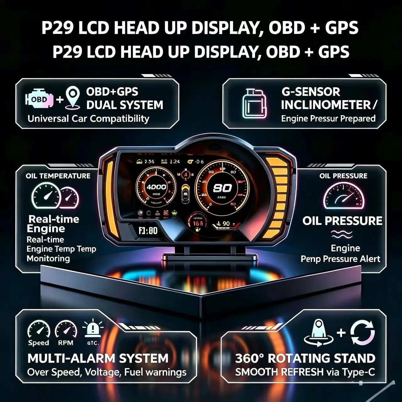 Automotive General HUD Head up Display OBD+GPS HD LCD Driving Computer Gesture Recognition Function Multi Language System