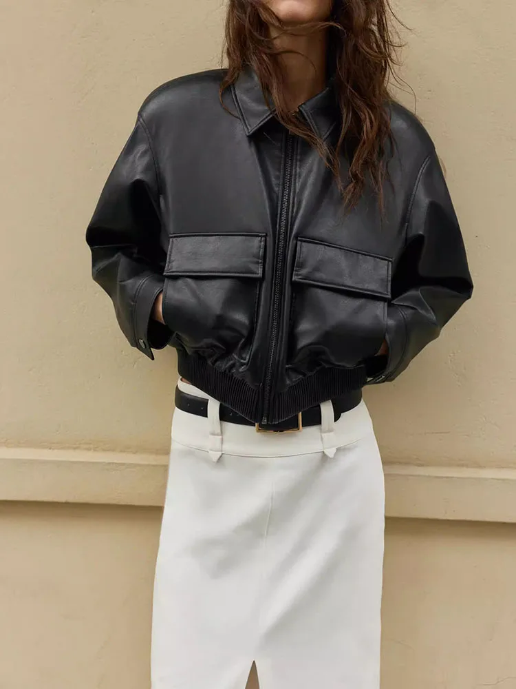 

Модная женская кожаная куртка с длинными рукавами и подплечниками, весенняя новинка, повседневный стиль, приталенный крой, на молнии