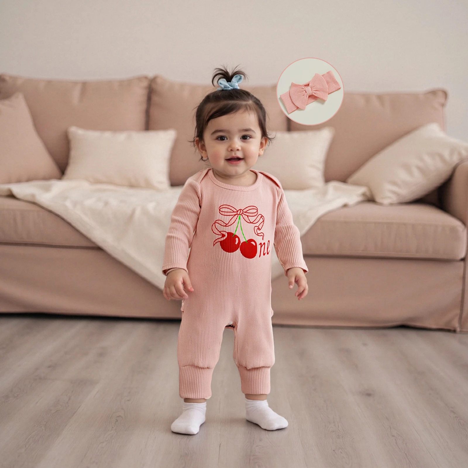 

Baby Clothing Girl Birthday Outfit Cherry Strawberry Letter Print Long Sleeve Ribbed Jumpsuit and Bow Headband Fall Set