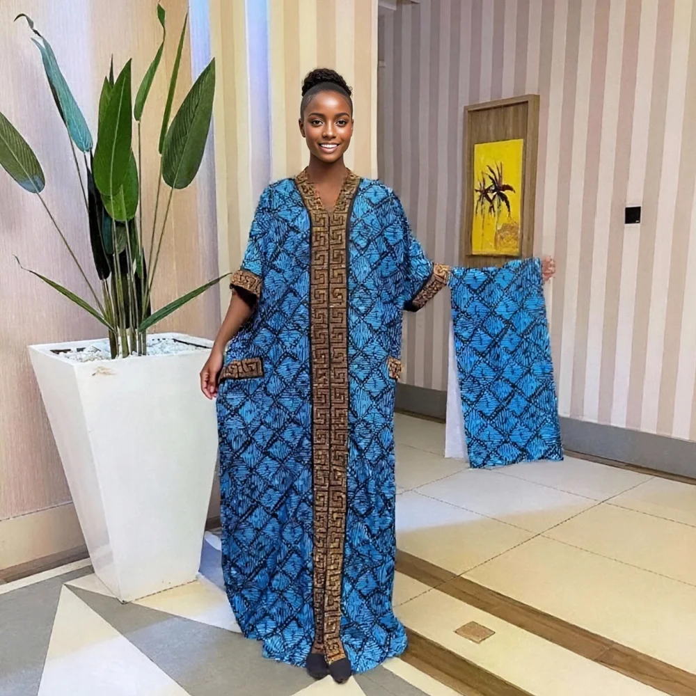 

2025 New Fashion Hot Style Heavy Industry Hot Diamond Flap Pocket Pants Middle Eastern Bubu V Neck Evening Dress African Print Loose Muslim Women's Dress