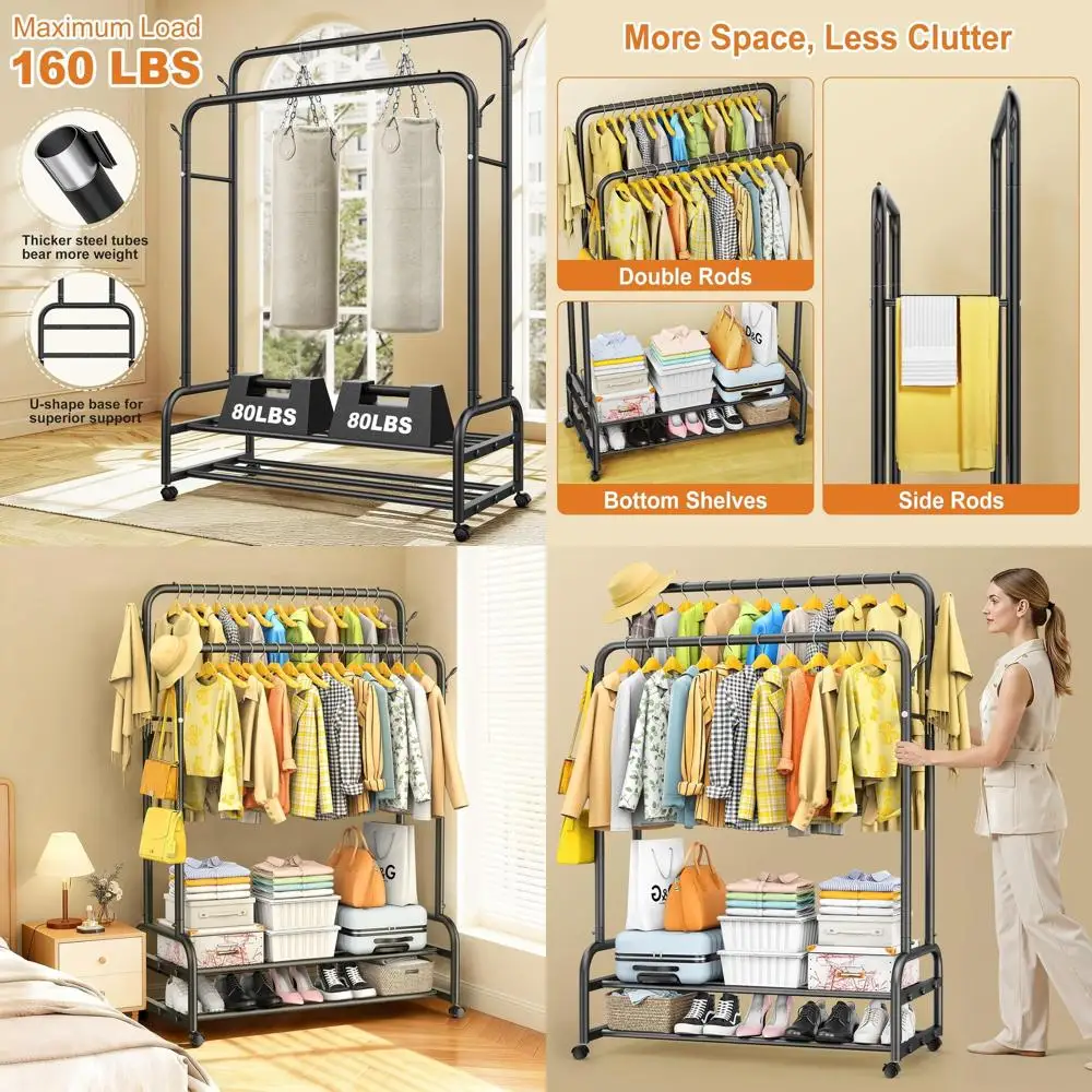 

Heavy-Duty Metal Portable Clothes Rack with Hooks and 2 Shelves, Rolling Garment Rack for Bedroom, Holds 160lbs