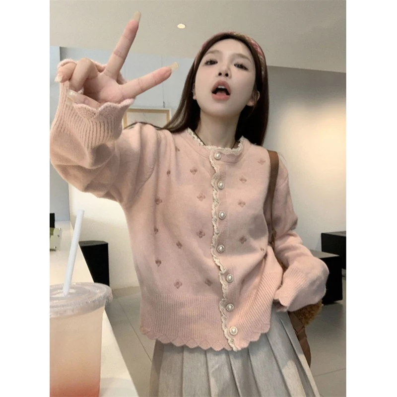 Sweet Embroidered Lace Sweater Women Autumn Winter Loose Knitting Cardigan Coat Fashion All-match Office Lady Knitwear Tops