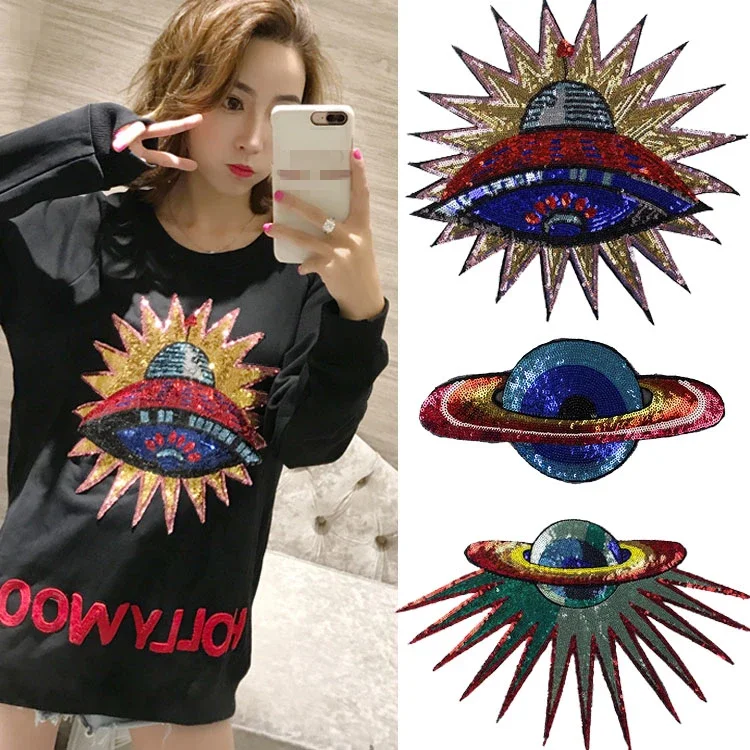 New Arrival Large Size Flying Saucer Sequins Universe Planet Patches for Clothing Patch Appliques Badge Stickers for Clothes