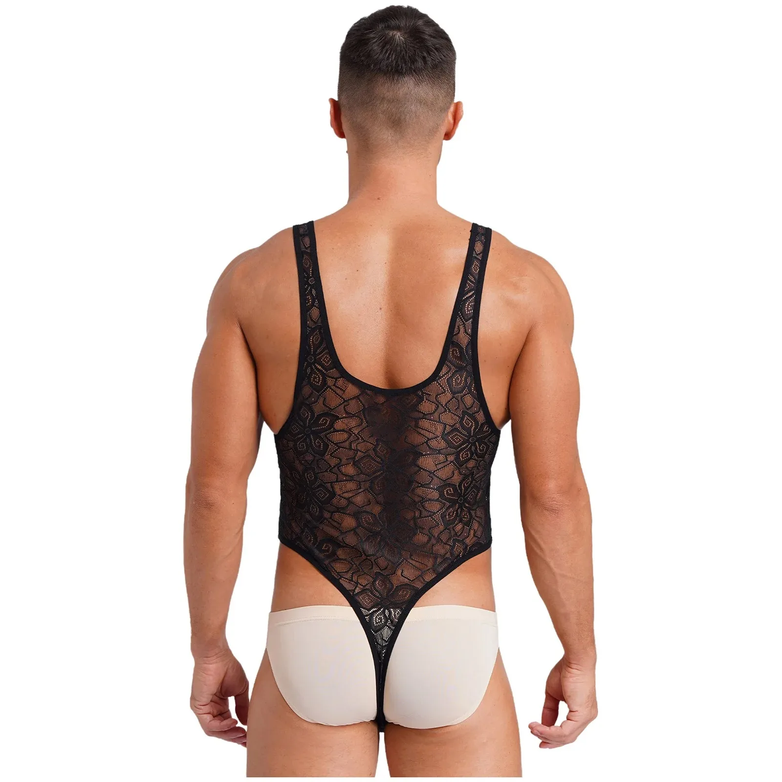 Medias Gay Sissy para hombre, lencería, Tops para el cuerpo, mono transparente con patrón de una pieza, cuello redondo profundo, ropa ajustada