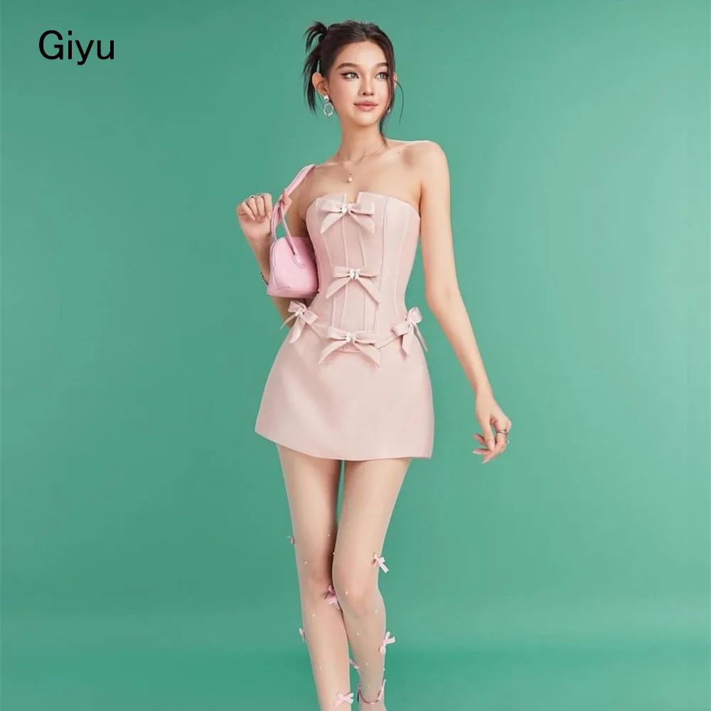 

Giyu Modern Style Bow Pink Prom Dress Strapless Short-length Above The Knee Birthday Party Dress Cocktail Dress Summer Dress