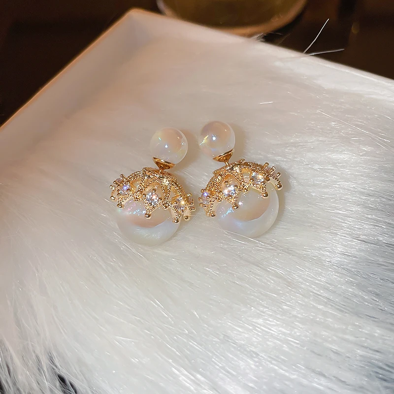 Rhinestone Imitation Pearl Drop Earrings Korean Temperament Double-Sided Earrings Fashion Elegant Design Ear Jewelry