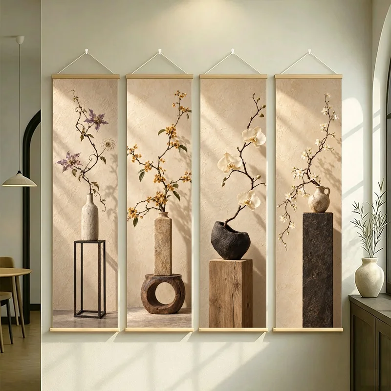 Wall Decor Preserved Osmanthus and Preserved Phalaenopsis, Wabi-Sabi Silver Shimmer Canvas Hanging Scroll for Yoga Studio