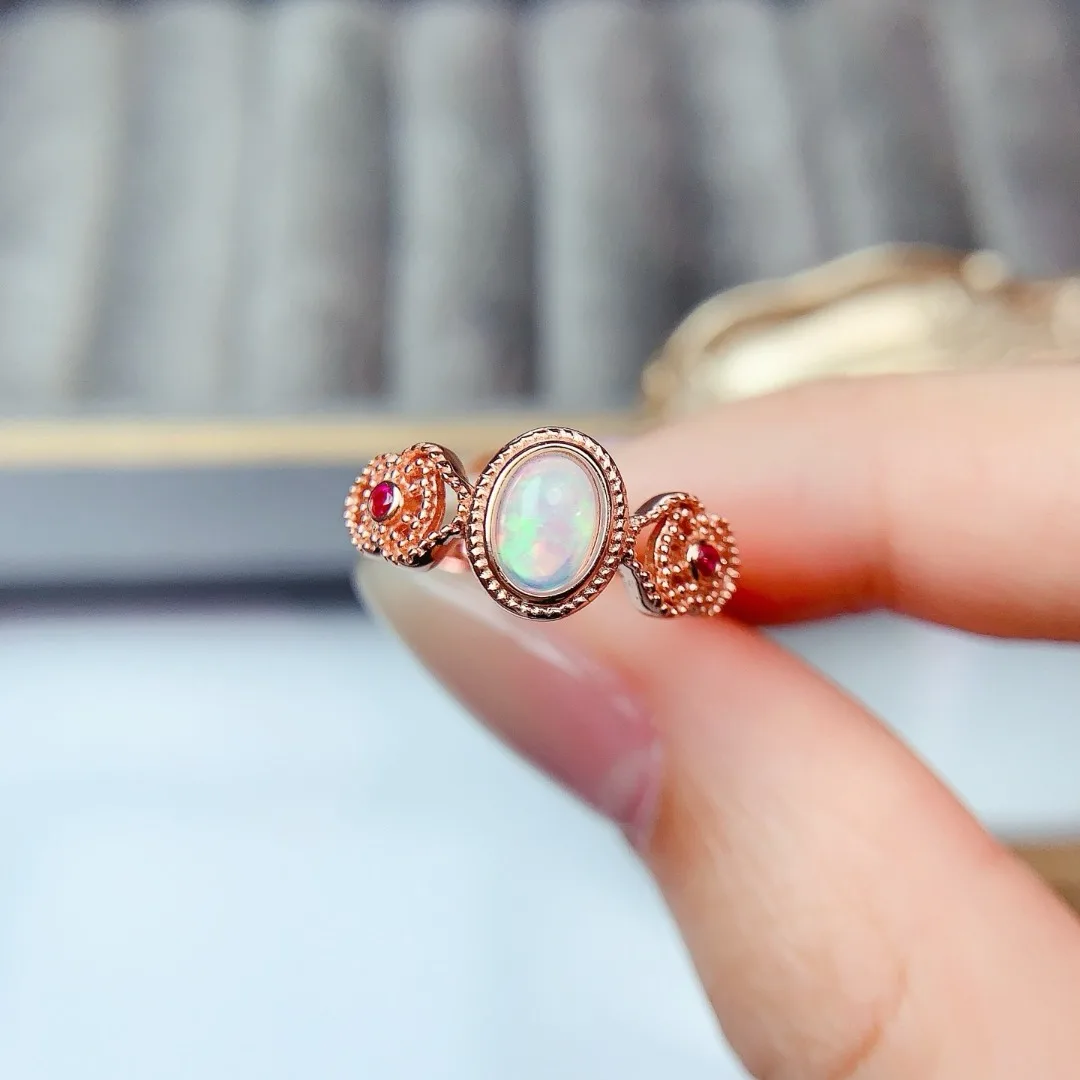 

High Fire Color Natural Opal S925 Silver Ring Genuine Elegant Designer Jewelry for Women A Premium Fashion Gift