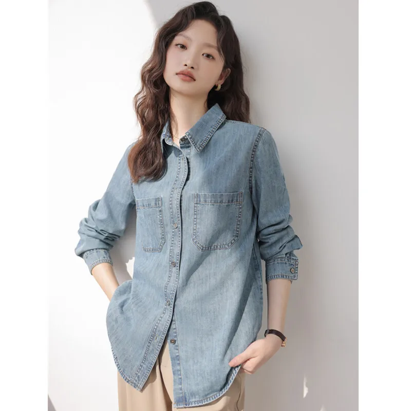 Cowboy Shirt Female Long Sleeve Blouse Spring and Autumn New Denim Coat Fashion Retro Tees Outerwears Women's Clothing Jaqueta