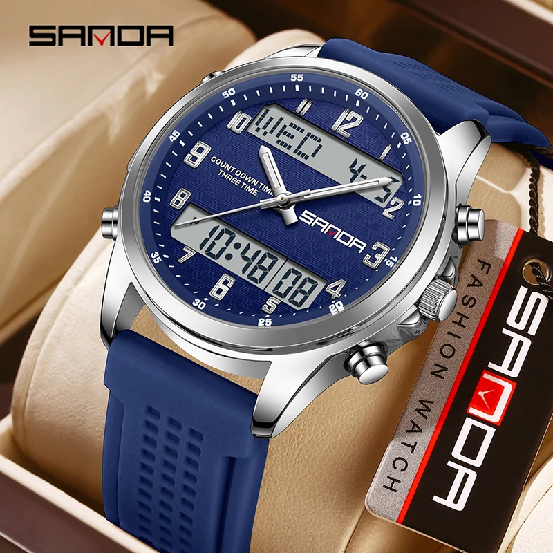 SANDA جديد 9119 العرض المزدوج ساعة إلكترونية للرجال شريط السيليكون ساعة كوارتز ضوء الليل ساعة تنبيه 5ATM ساعة رجالي رياضية
