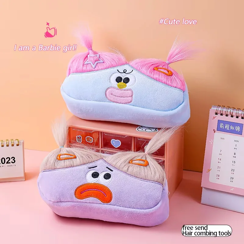 1 قطع الكرتون مضحك مقلي الشعر مقلمة دمية قبيحة أفخم القلم حقيبة كبيرة العين الوحش الحلو فتاة القلب حقيبة التخزين ألعاب من نسيج مخملي