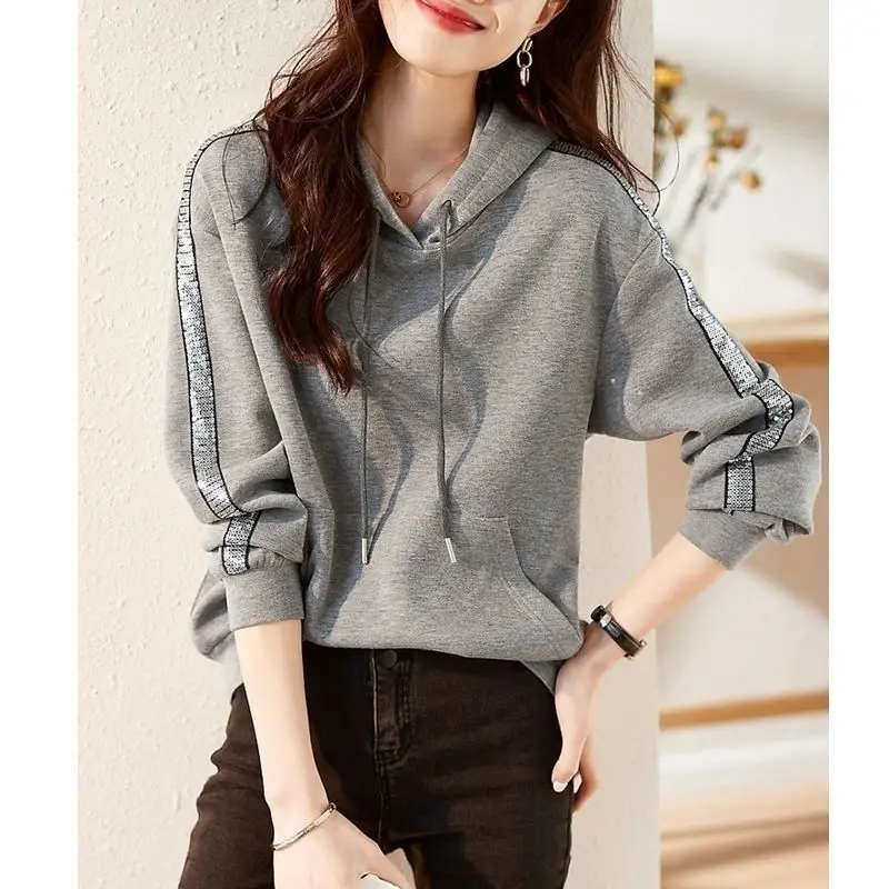 Women Korean Fashion Sequins Gray Chic Casual Hooded Sweatshirts Autumn Winter Streetwear Loose Hoodie Long Sleeve Pullover Tops