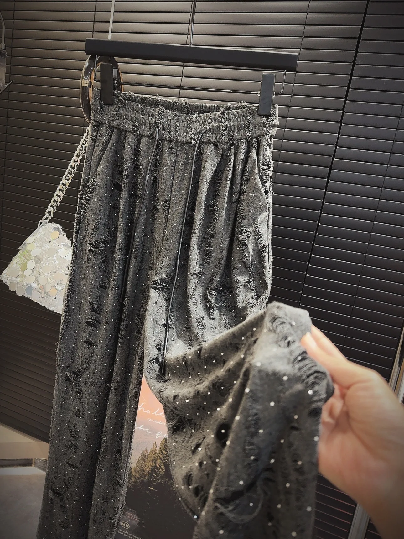 

2024 Spring Summer New Frayed Beading Casual Pants Women's Fashion Hollow Wide-Leg Trousers Casual Female Y2k Clothes Pantalones