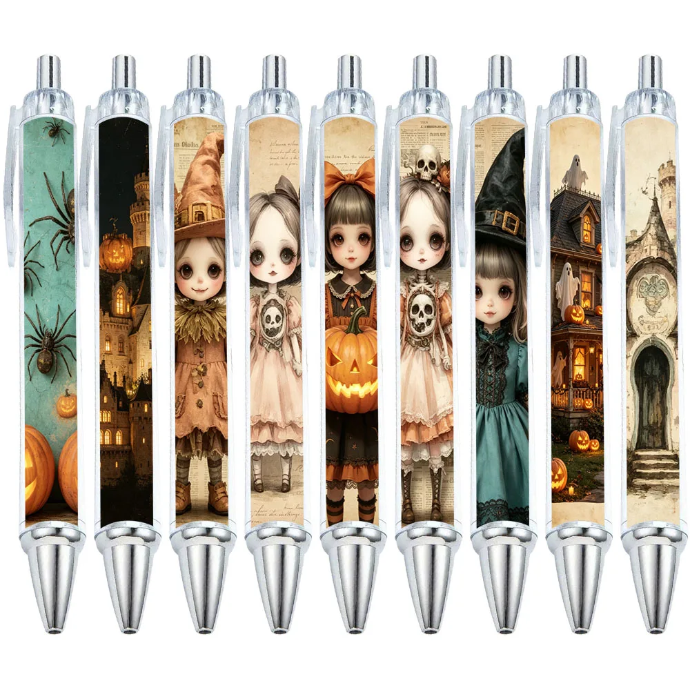 9/15 PCS Vintage Lettering Wind Halloween Doll Illustration Ballpoint Pen - Patterns are Random