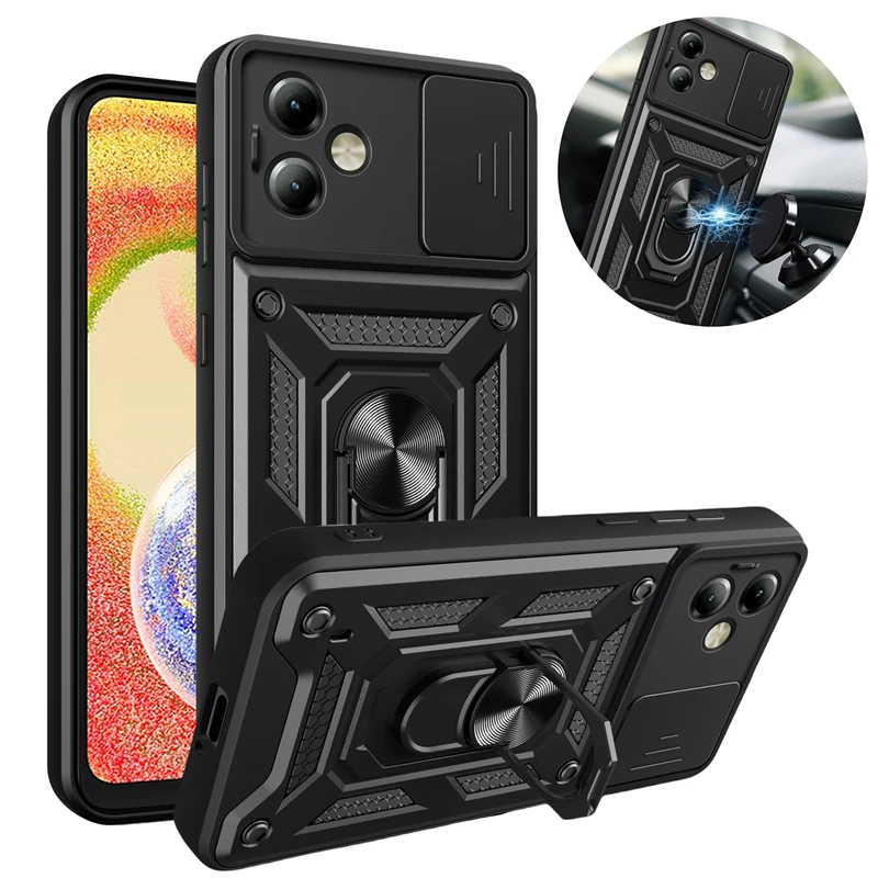 For Motorola G14 4G Case Slide Camera Protection Phone Case for Moto G14 G 14 MotoG14 Car Magnetic Ring Holder Armor Back Cover