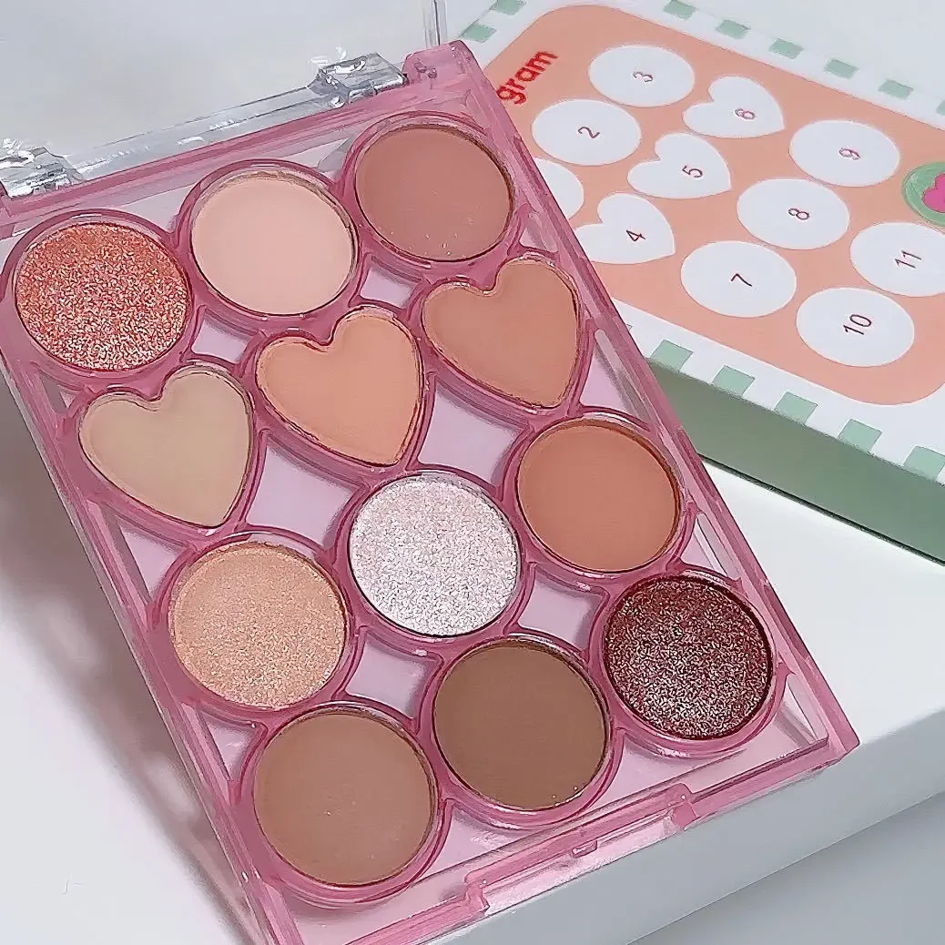 12 Color Heart Shaped Eyeshadow Palette Nude Shimmer Low Saturation Morandi Tones Korean Style Multifunction Makeup for Women