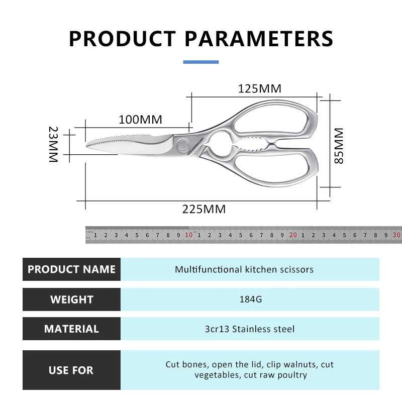 Imagem -04 - Grandsharp-tesoura de Cozinha Multifuncional Cortar Ossos Abrir a Tampa Aço Inoxidável Destacável Ferramentas de Cozinha 3cr13