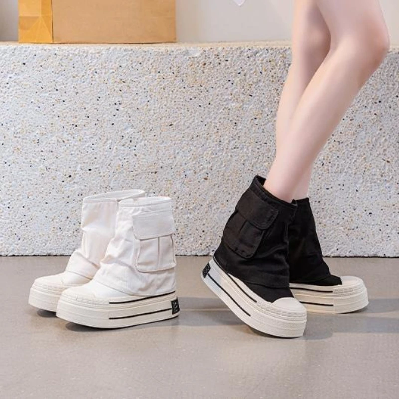 12CM New Denim Canvas Women Autumn Spring Hidden High Synthetic ZIP Ankle Booties Flats Platform Wedge Ankle Boots Fashion Shoes view 6
