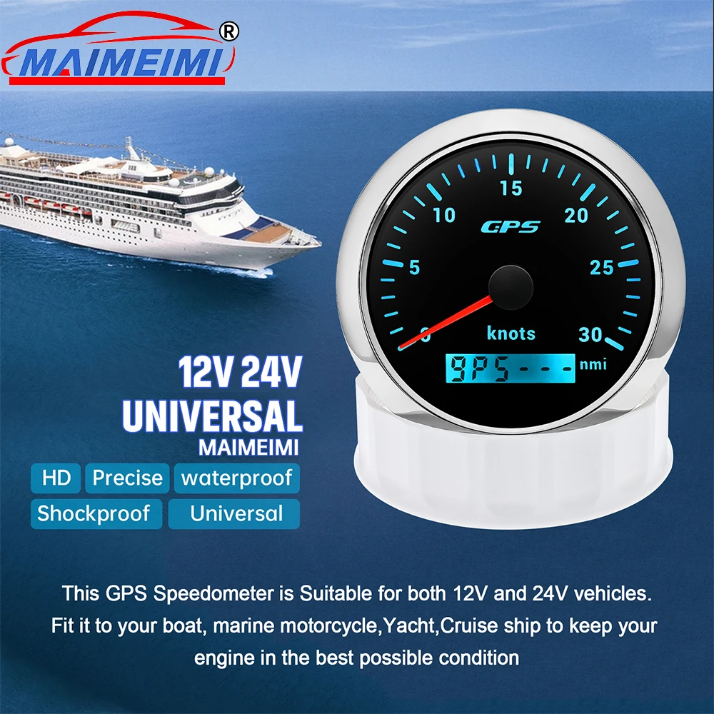 

0~30 Knots/0~60 Knots GPS Speedometer 85mm Speed Gauge with Odometer GPS Antenna for Marine Car Boat Yacht 7-color backlight