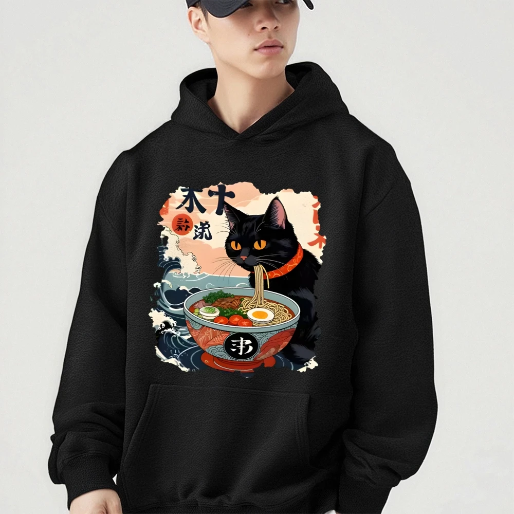 Kawaii Cat Anime Ramen Japanese Funny Graphic Hoodies Kawaii Noodle Cat Man Long Sleeve Wearing For Fall Winter Casual Wearing