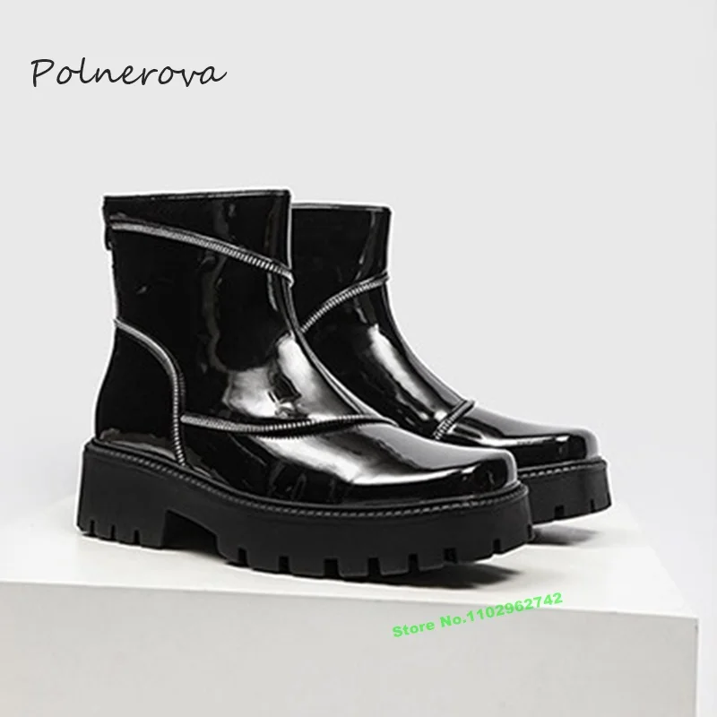 Newest Patent Leather Men's Middle Boots Black Round Toe Thick Sole Fringe Boots 2023 Autumn Party Runway Shoes Fashion Leisure