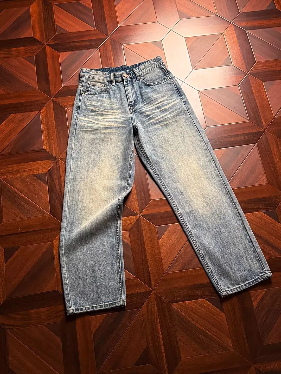 

Мужские джинсы большого размера с эффектом потертости и узором «усы», летняя новинка, 0,5 унции, повседневные, прямого кроя