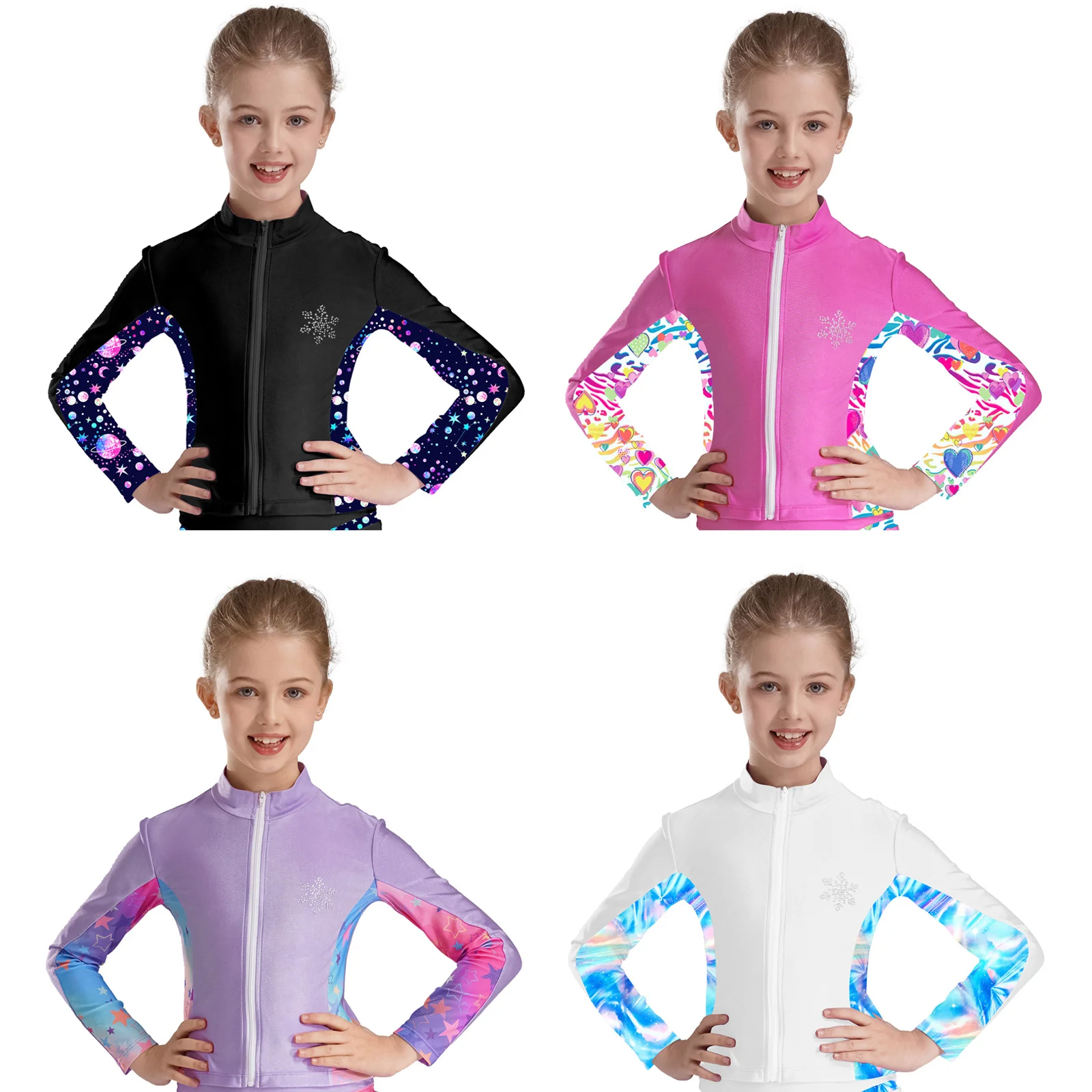 Kids Girls Figure Skating Costumes Shiny Sparkly Rhinestone Roller Ice Skating Jacket Long Sleeve Zipper Jacket Running Yoga