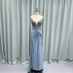 YQLNNE Dusty Blue Crystals Beaded High Slit Prom Dresses Long Mermaid Knitting Formal Dress