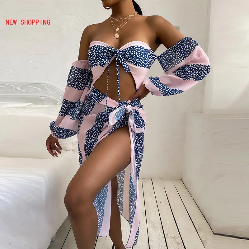 

Sexy Brazilian Swimsuit Bandeau Push Up Three Piece Bikini Sets Polka Dot Print Women Swimwear 2023 Summer Cover Up Bathing Suit