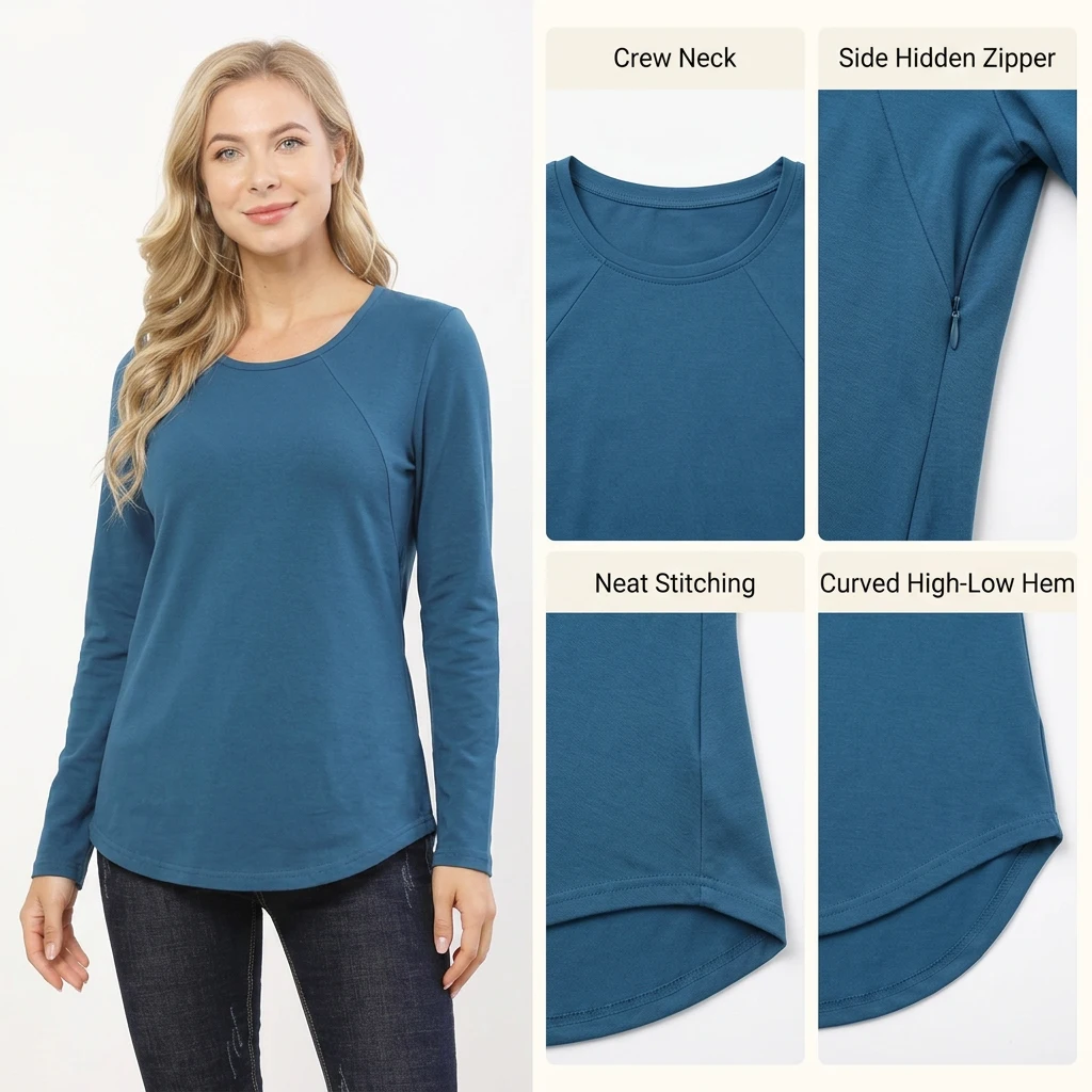 Maternity Nursing T-Shirt O-Neck Long Sleeve Soft Curved Hem Loose Top with Hidden Zipper for Breastfeeding Postpartum Pregnancy