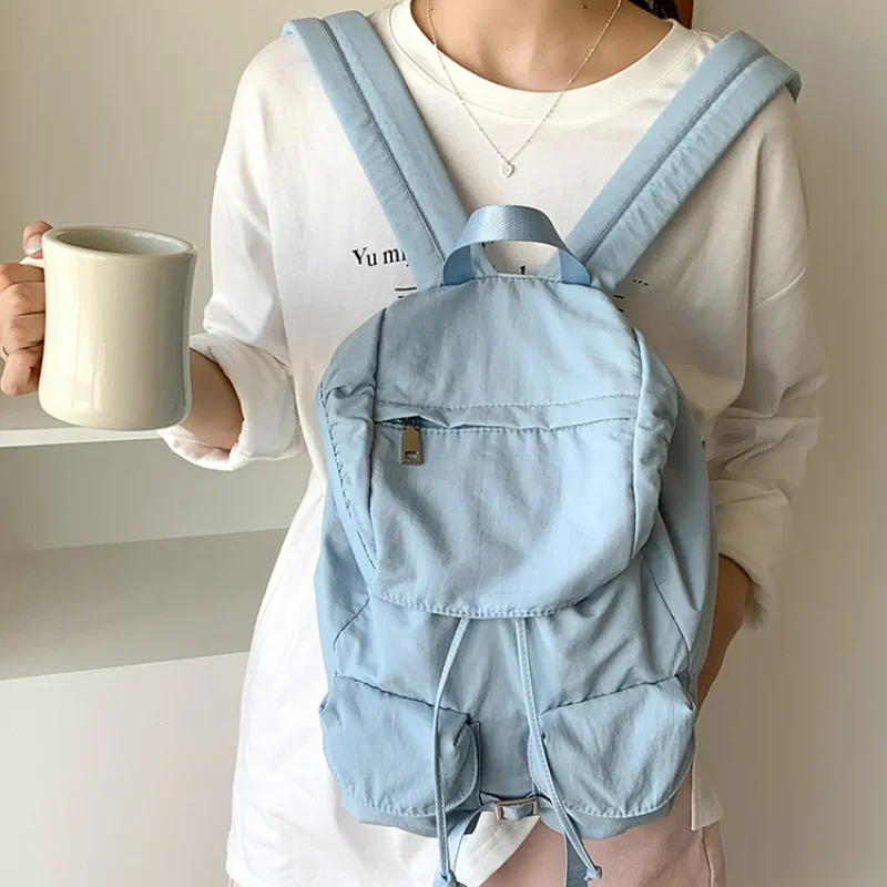 Bright Color Vigorous Backpack Women Student Large Capacity Ruched Nylon School Bag Solid Color Easy Designed Flap String Bag