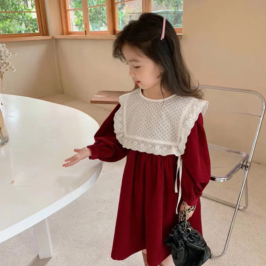 Childrens Clothing Autumn Style Girls Sweet Long Sleeved 2024 New Princess Dress Girls Sweet Cute Clothes