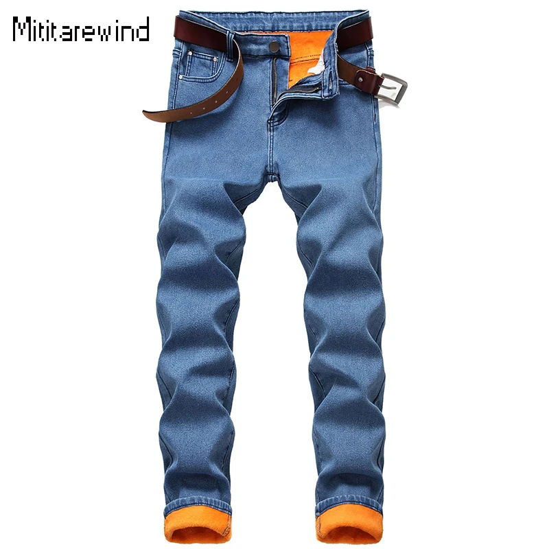 

Winter Men's Jeans Daily Casual Pants Wash Straight Fleece Warm Jeans Thick Full Length Slim Jeans Simple Versatile Men Trousers