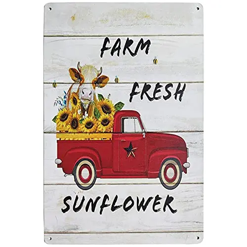 

Farm Fresh Sunflower Vintage Tin Bar Sign Red Truck Novelty Cow Signs Farmhouse Kitchen Wall Country Home Decor for Living Room