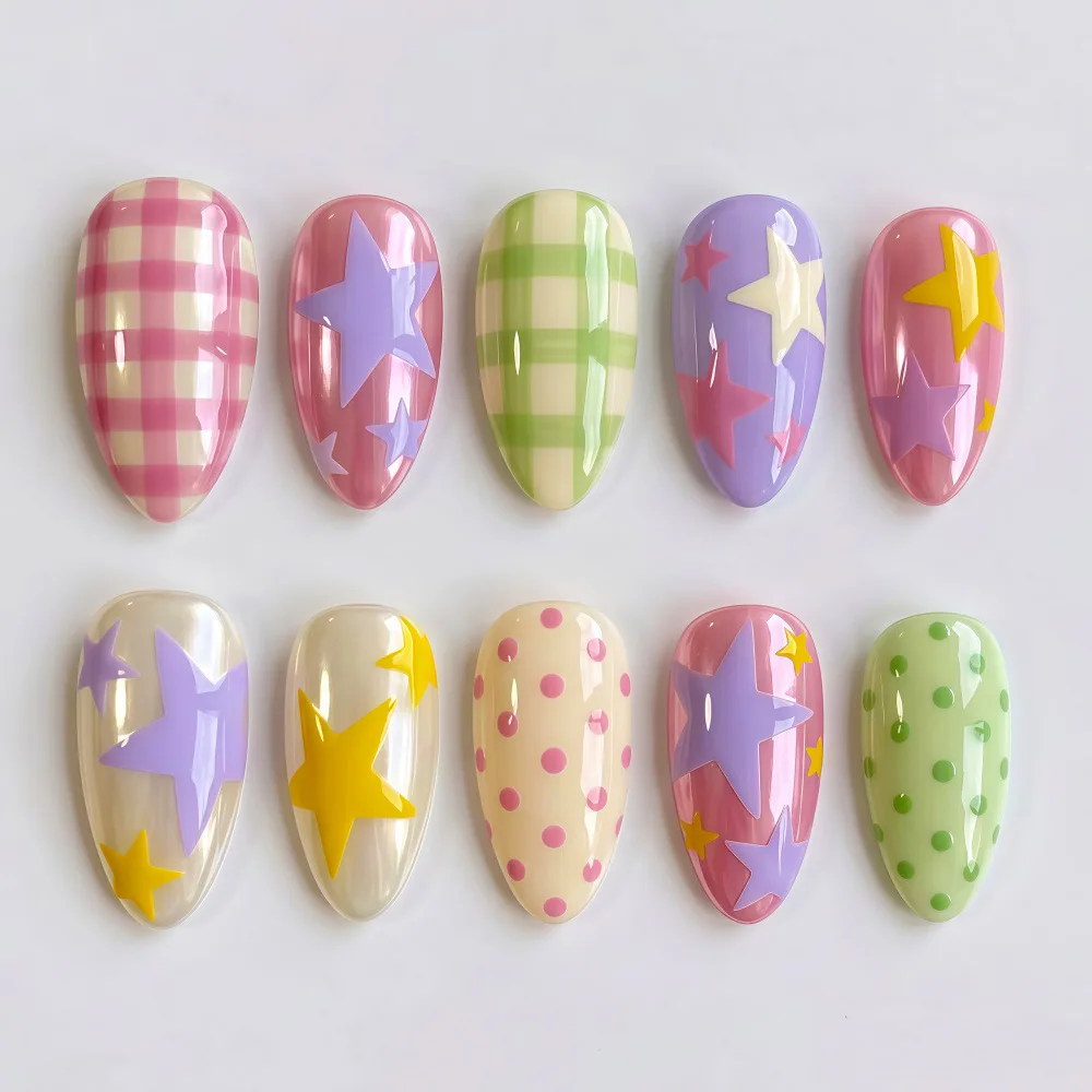 30pcs Pastel Plaid Star Polka Dot Press On Nails Pink Purple Green Milky White Fake Nail Short Almond False Nail for Women&Girl