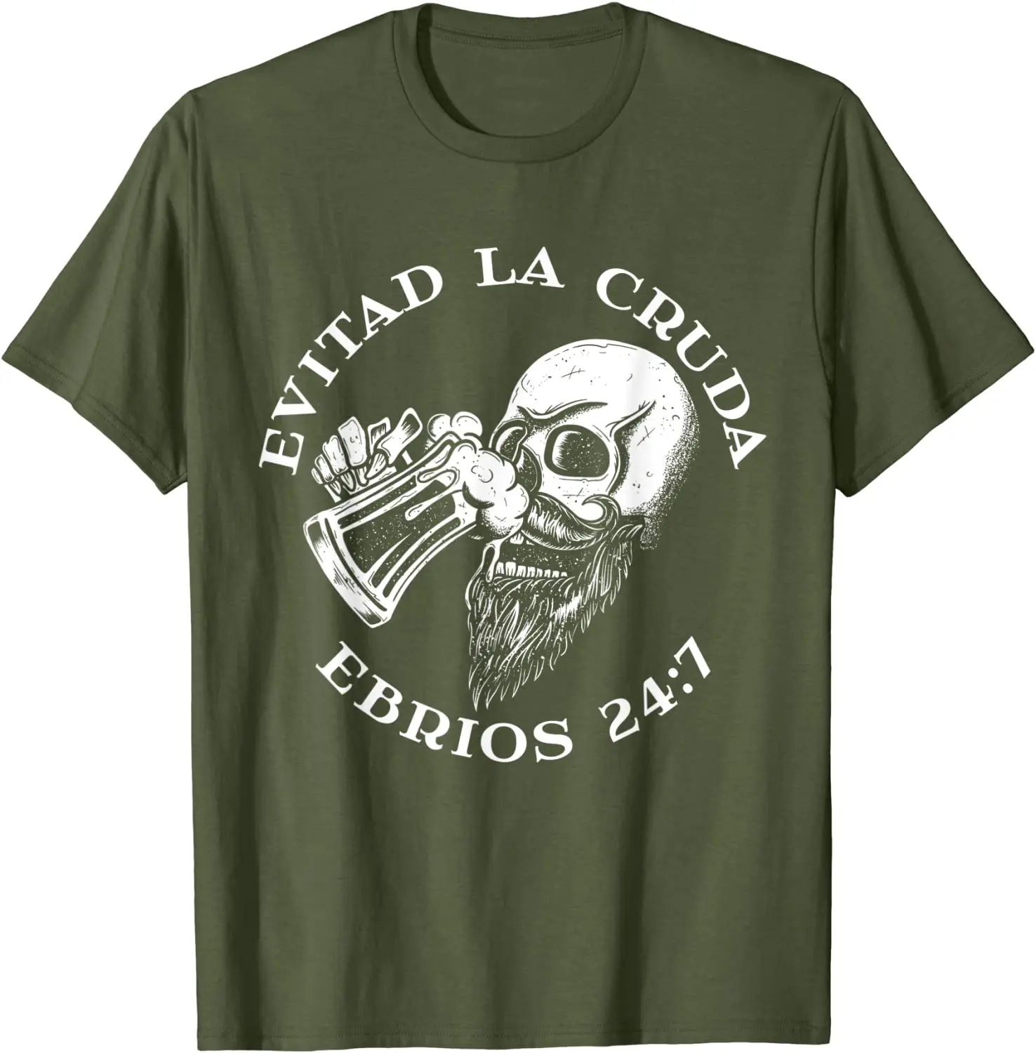 Evitad La Cruda Ebrios 24:7. Funny Spanish Drinking Skull Beard T Shirt 100% Cotton Short Sleeve O-Neck T-shirt Casual Mens Top