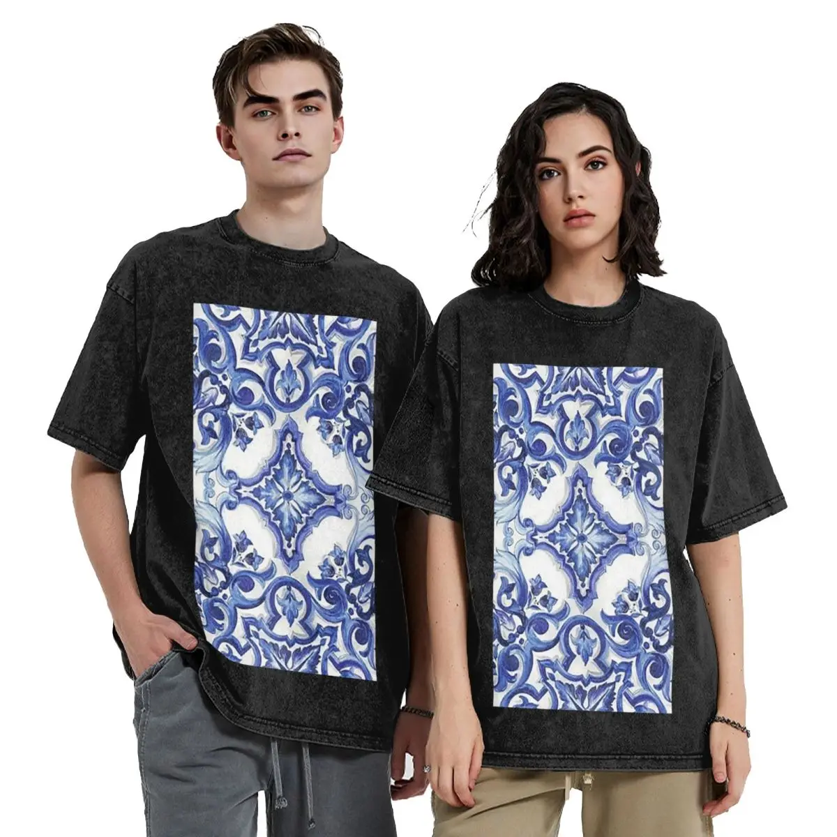 Blue Ornate Floral Mediterranean Sicilian Tile Hip Hop Short Sleeve T-Shirts Washed Tops Tees Streetwear T Shirt Printed