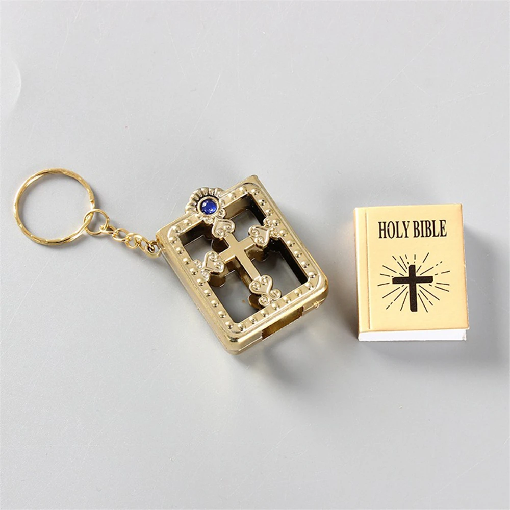 Mini English HOLY BIBLE Keychains Christian Jesus Cross Muslim Keyrings Women Bag Charm Prayer God Bless Key Holder Accessories